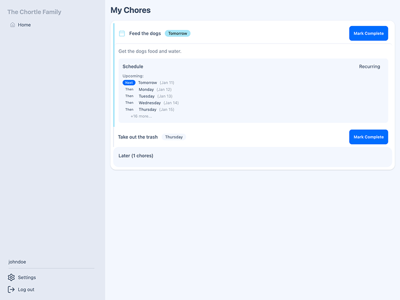 Chortle app showing member chore view